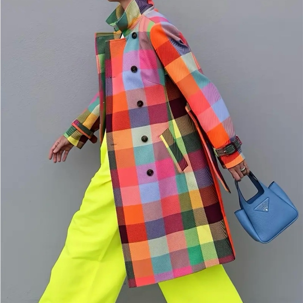 Vibrant Multicolor Plaid Double-Breasted Coat